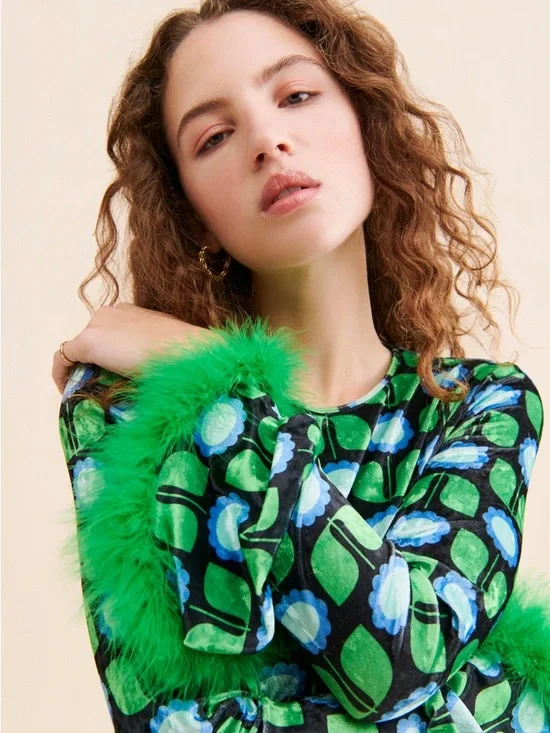 Anna Sui Velvet Daisies Green Feather Dress ✨ - Picture 3 of 5